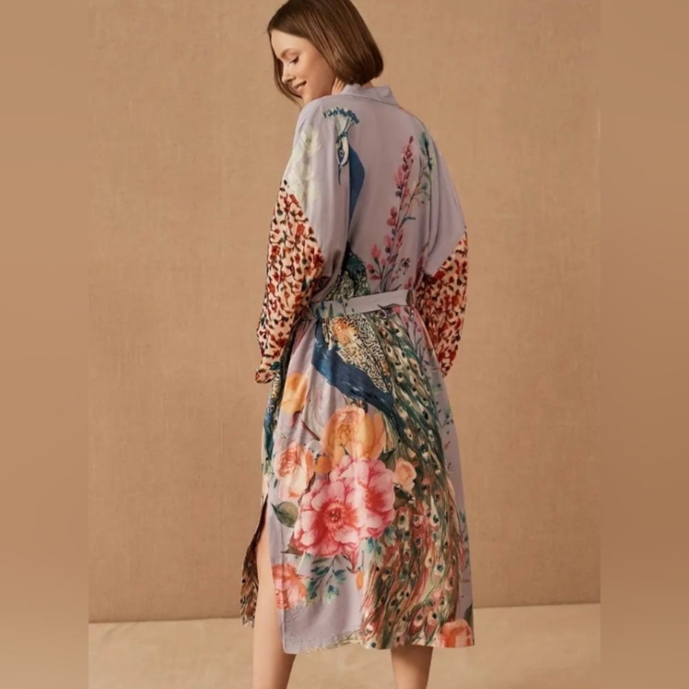 Floral Peacock Satin Robe with Bell Sleeves - White/Pink - Picture 12 of 13